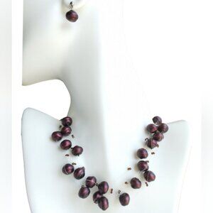 Czech beaded Faux Pearl Floating necklace Earrings Set Plum Purple